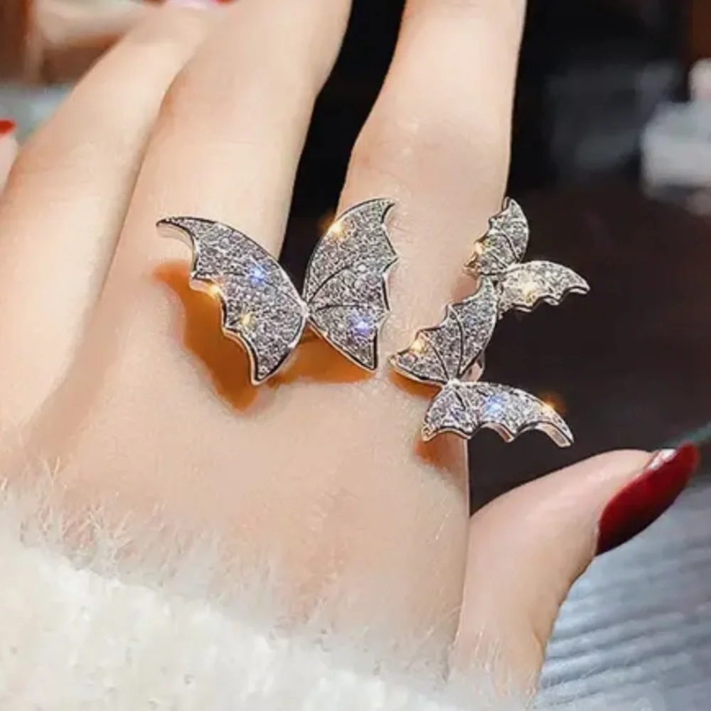 NWT Triple Silver With Crystals Butterfly Ring Adjustable Size